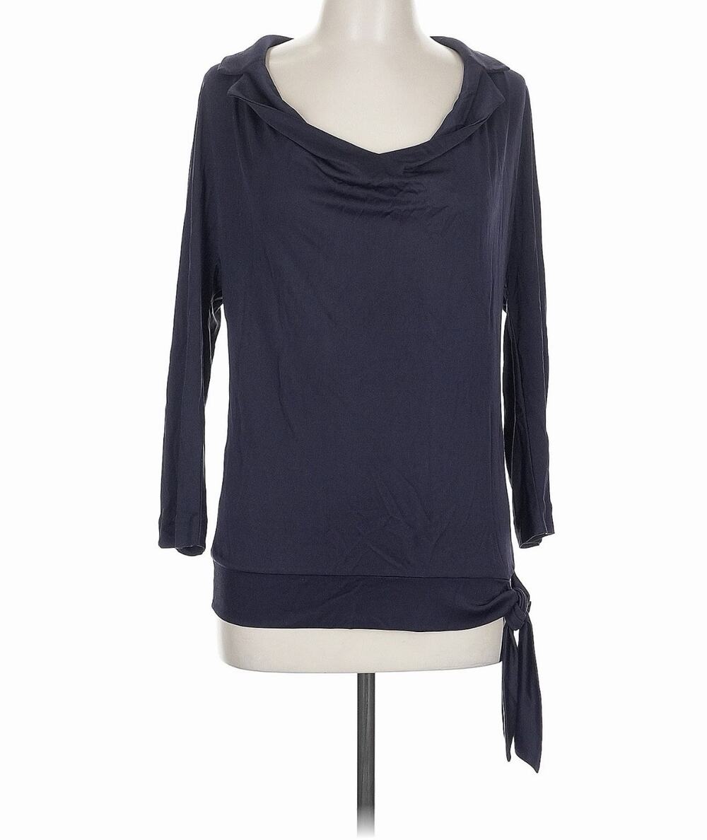 Tory Burch 100% Silk Draped Cowl-Neck Top Lg 3/4 sleeve Navy